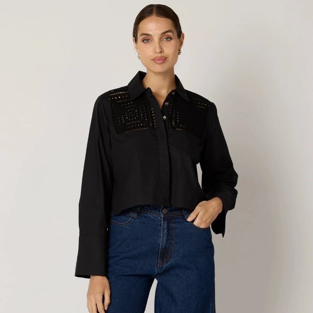 Cleobella Crochet Details Sierra Blouse Black Long Sleeve Boxy Button Down L